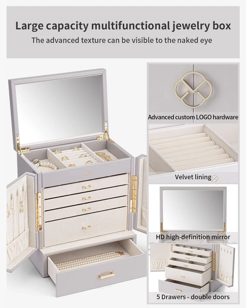 Vlando Large Jewelry Organizer Box 5-Layer Jewelry Storage Box with Mirror & ... | eBay
