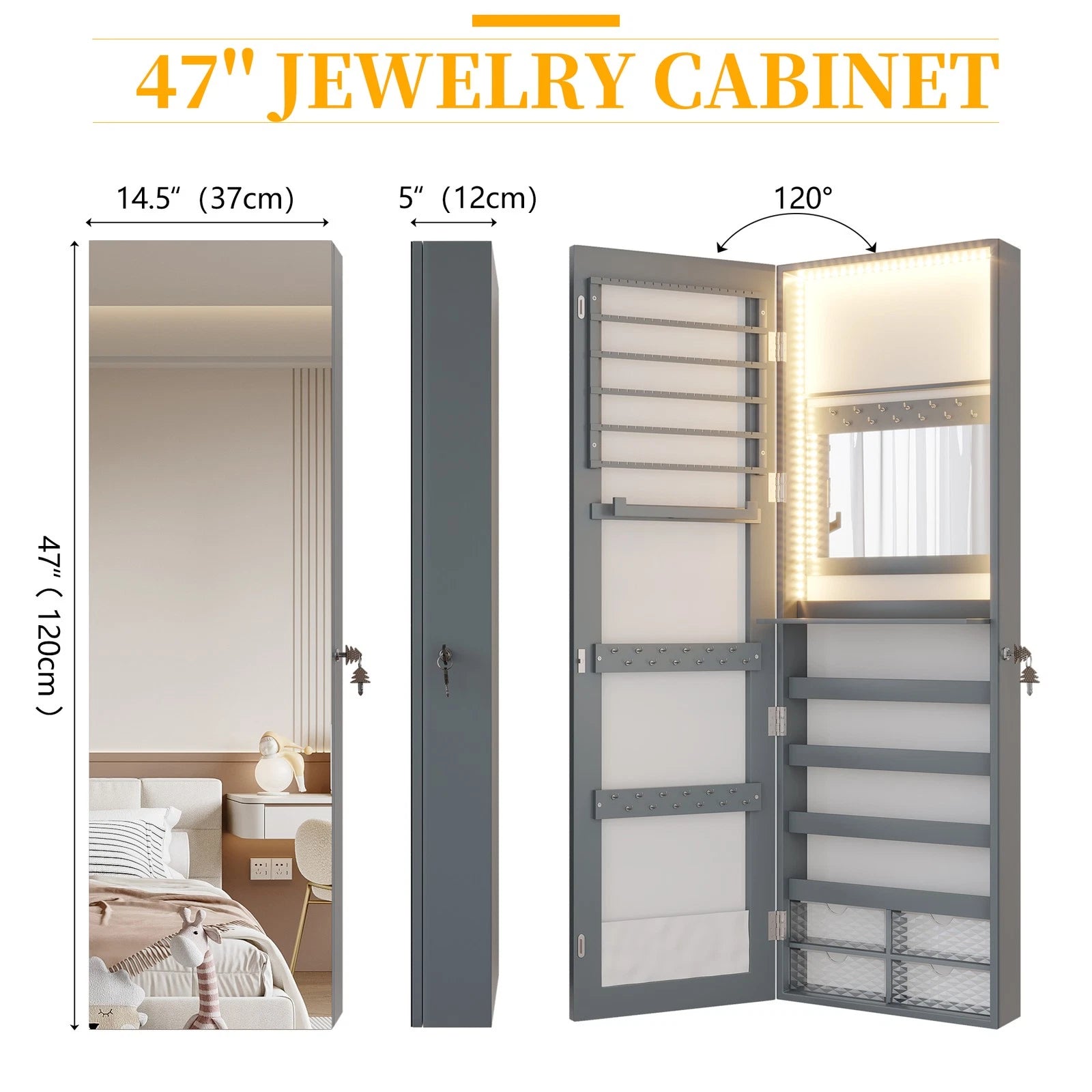LED Jewelry Cabinet, Wall Mounted Jewelry Organizer with Full Length Mirror | eBay