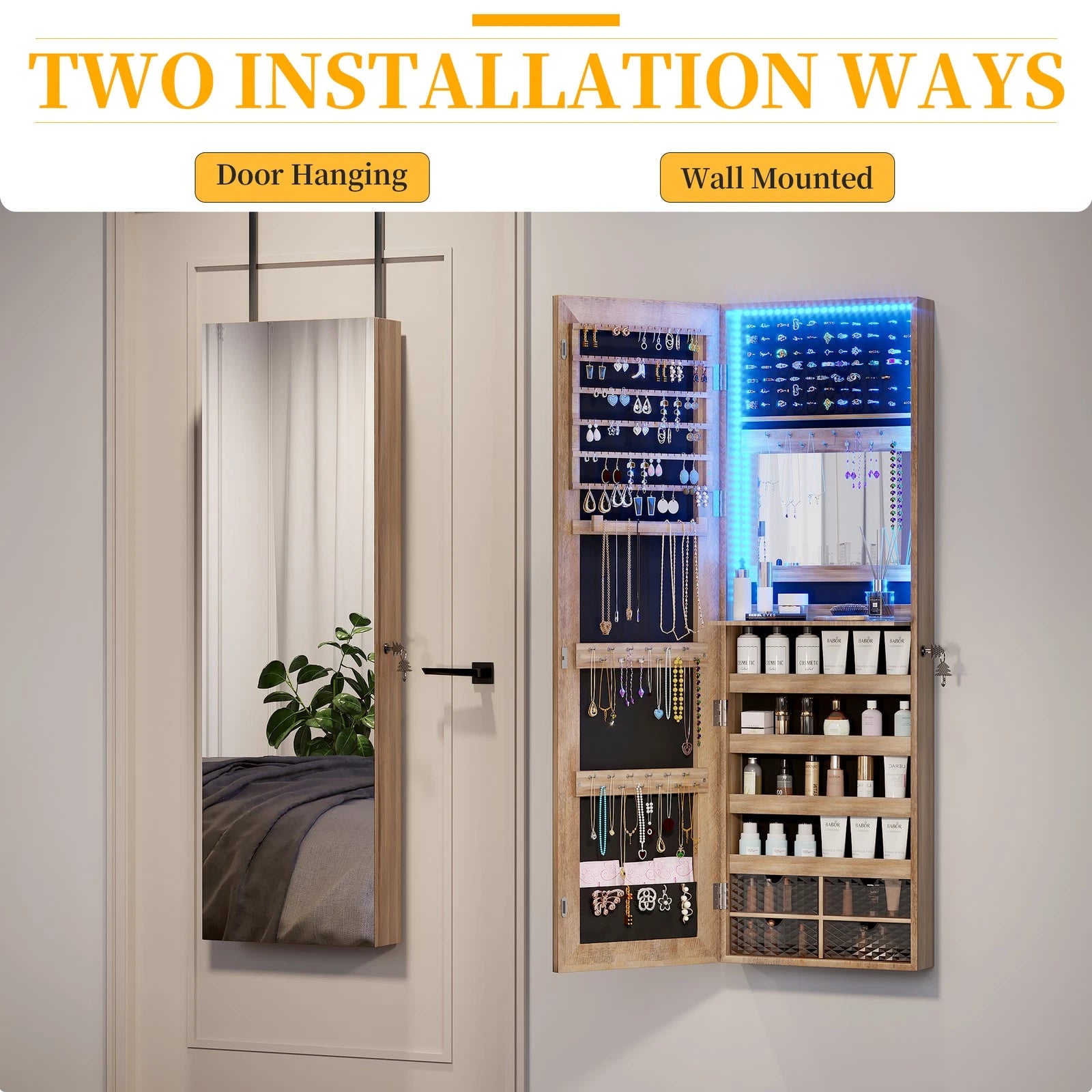 LED Jewelry Cabinet, Wall Mounted Jewelry Organizer with Full Length Mirror | eBay