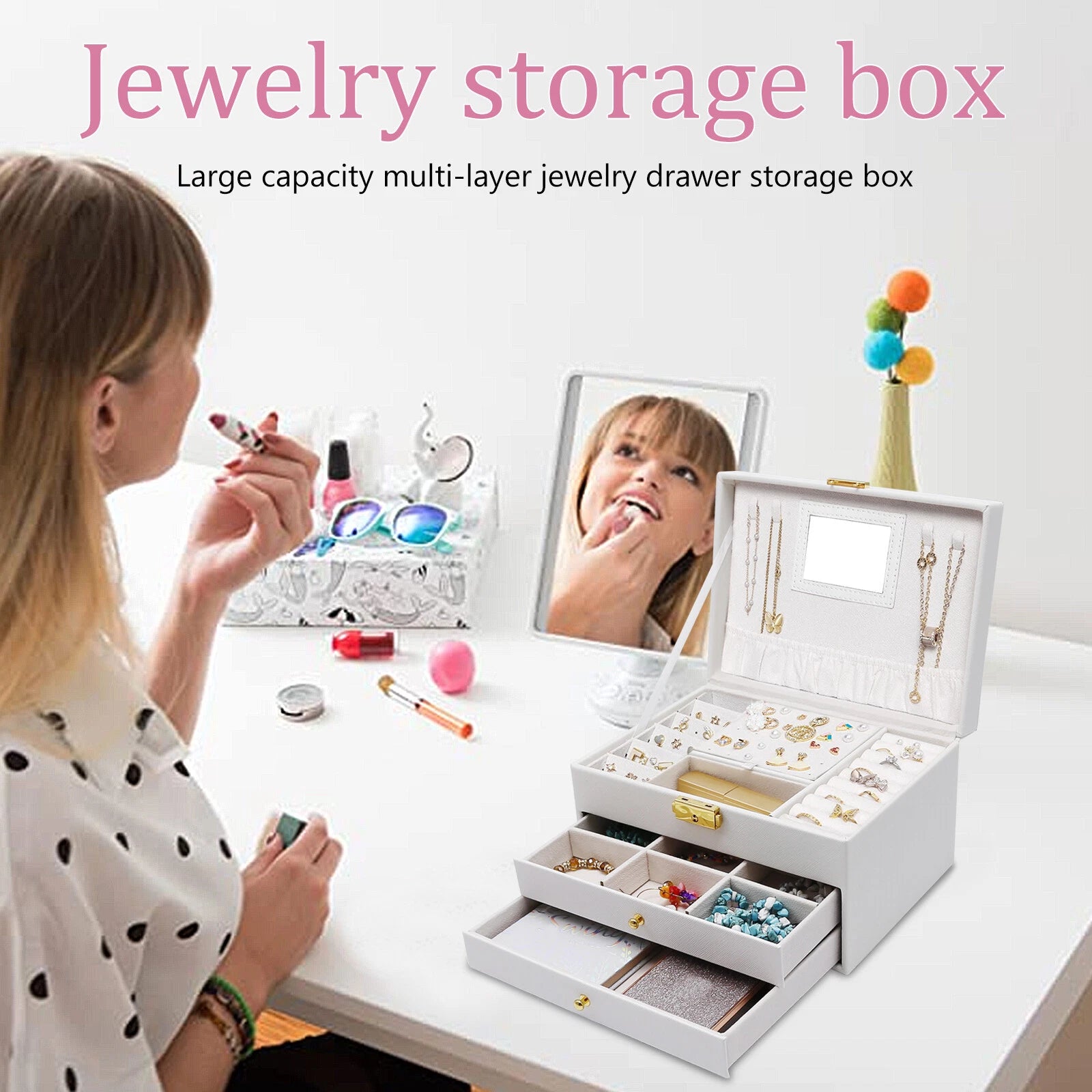 Leather Ring & Necklace Storage Box - 3 Compartments w/Mirror | eBay