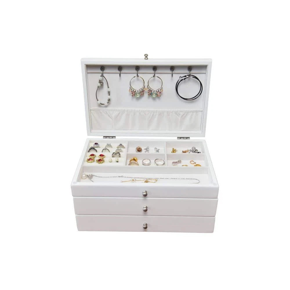 Jewelry Box White Fabric 2-Drawer 5-Section Ring Rolls 6-Hooks Storage Organizer | eBay