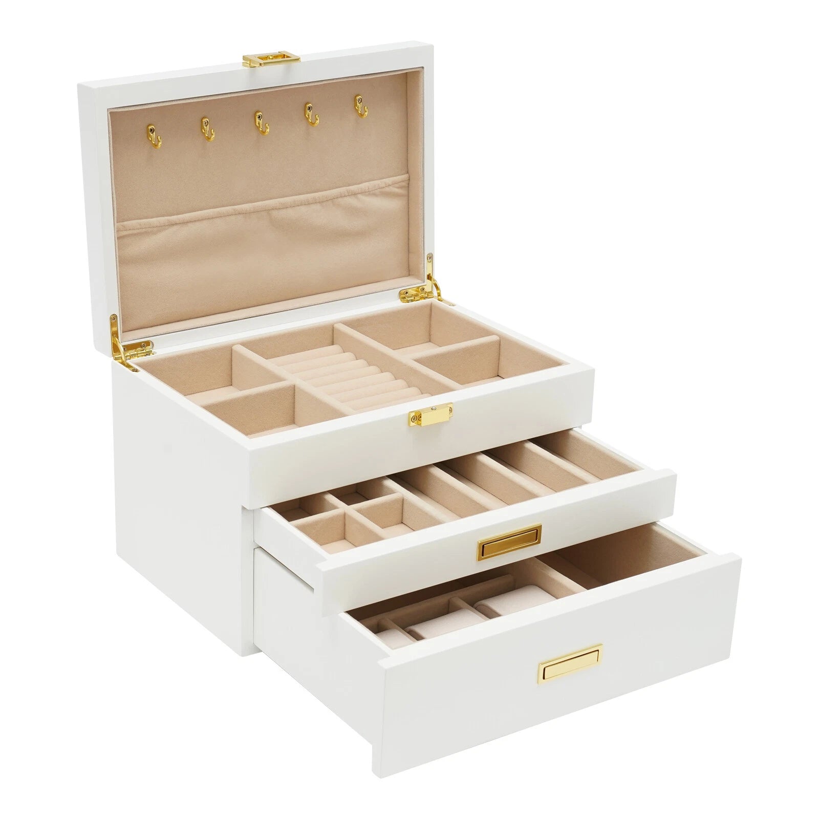 Large Wooden Jewelry Storage Box White 3 Layers Organizer 2 Drawers Cabinet 28CM | eBay