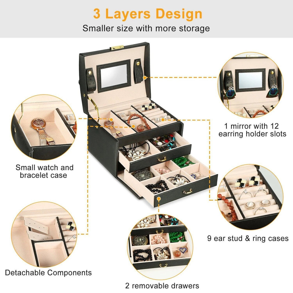 Jewelry Box w/ Mirror Lady Gift Storage Earrings Necklaces Watch Case Organizer | eBay