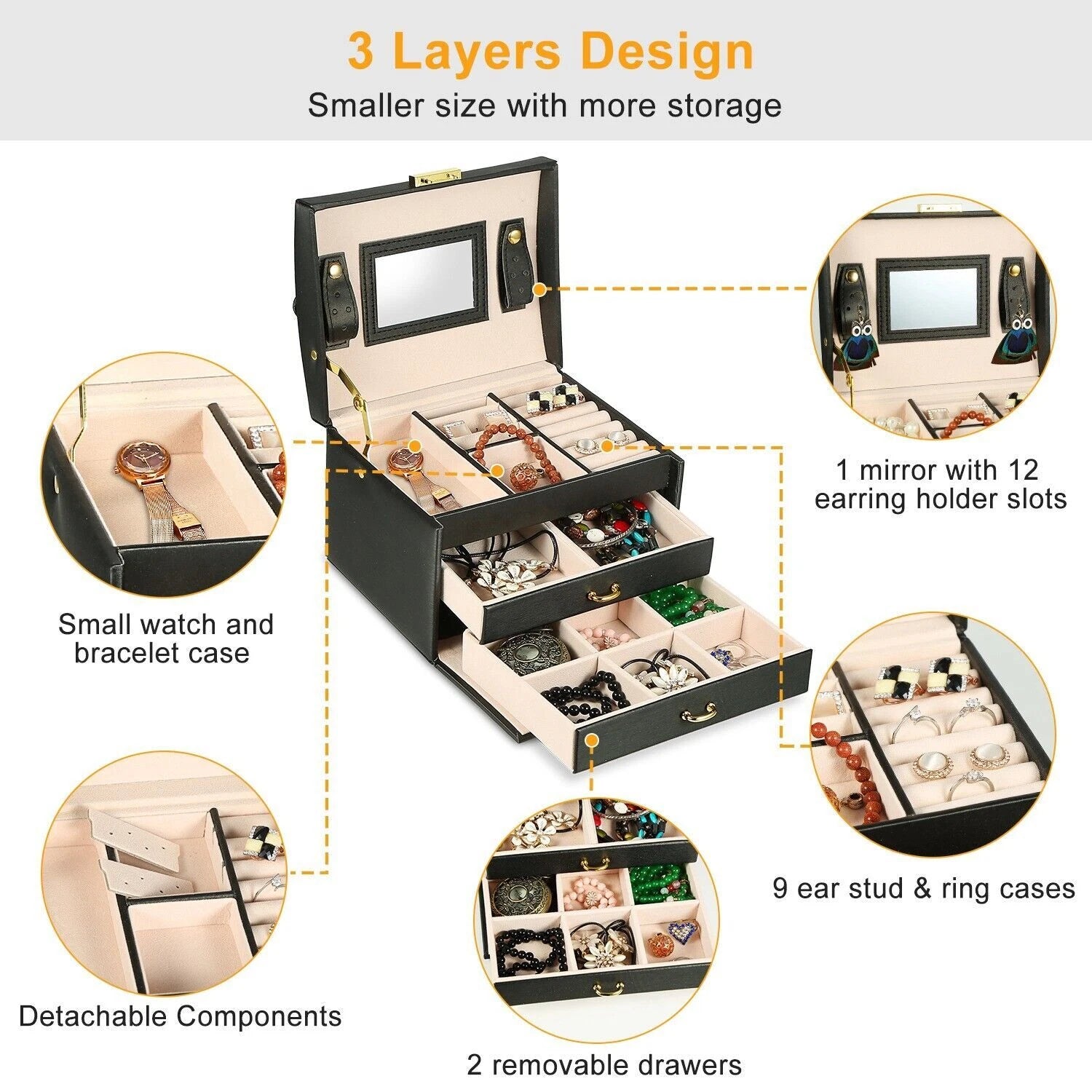 Jewelry Box w/ Mirror Lady Gift Storage Earrings Necklaces Watch Case Organizer | eBay