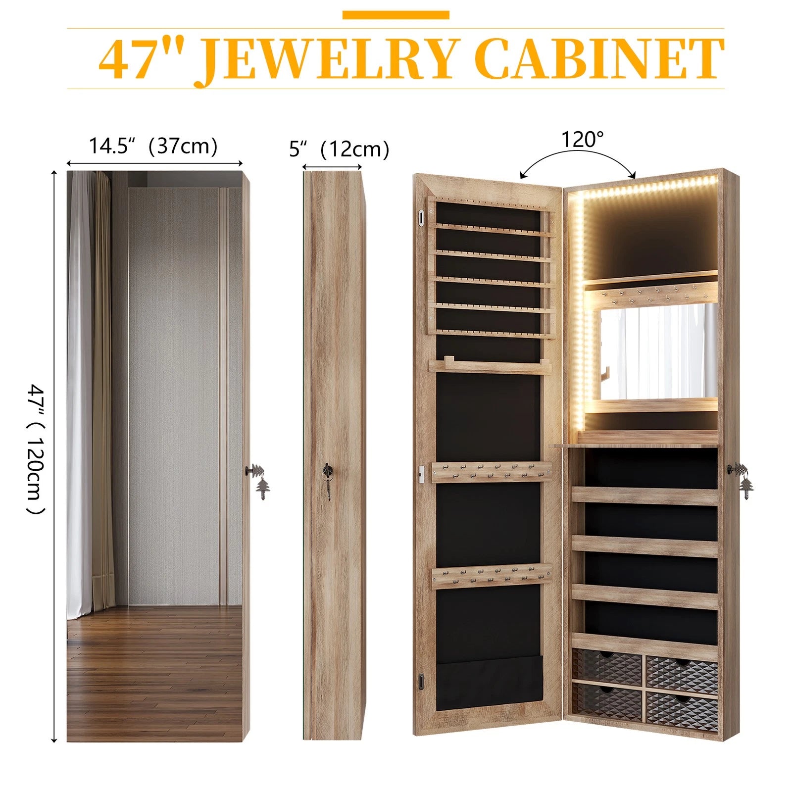 LED Jewelry Cabinet, Wall Mounted Jewelry Organizer with Full Length Mirror | eBay
