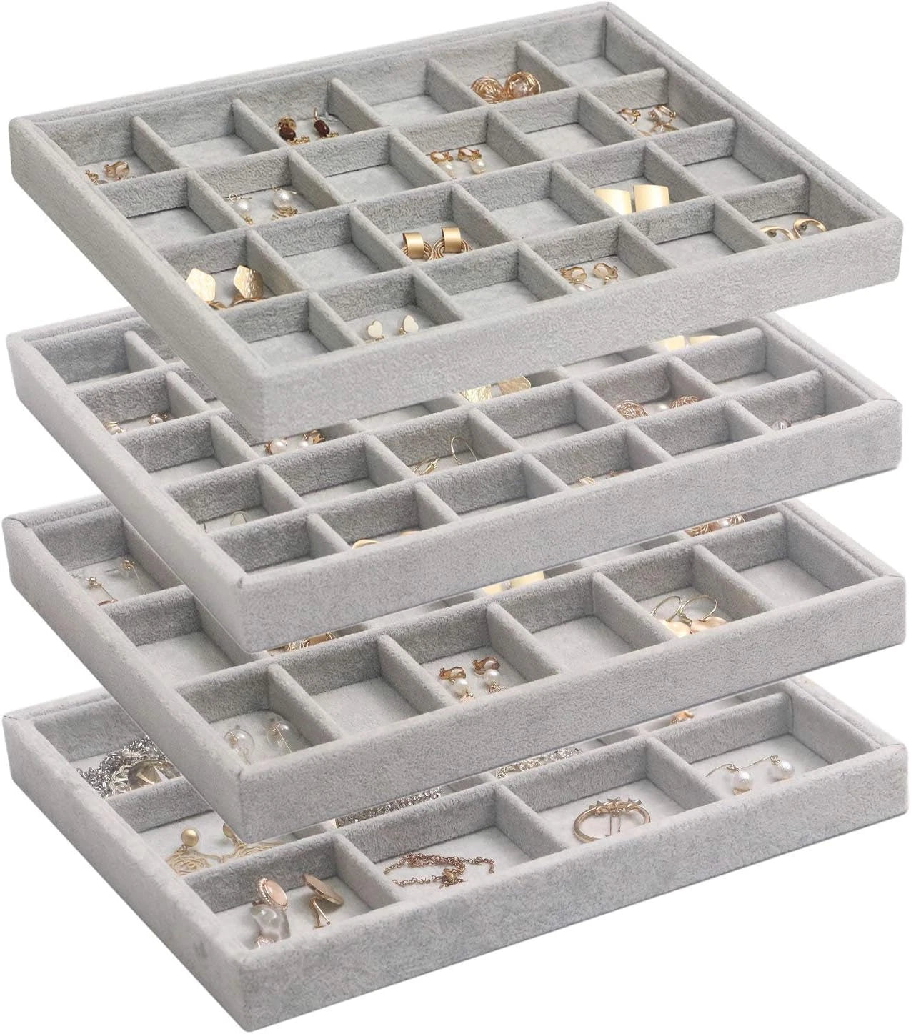 Set of 4 Stackable Velvet Jewelry Trays Organizer, Jewelry Display Storage Box S | eBay