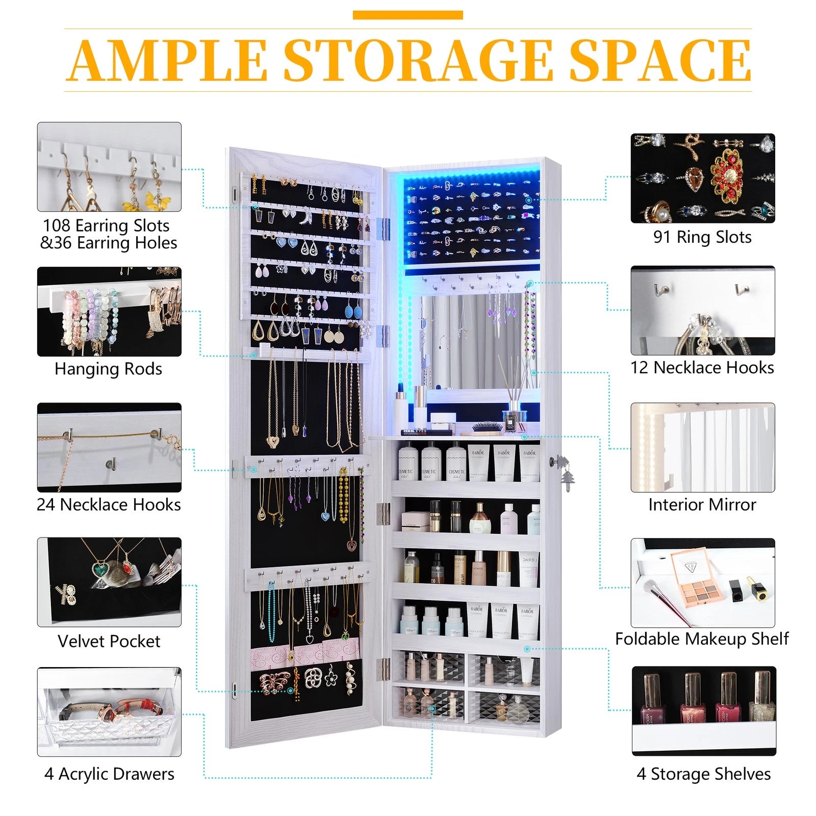 LED Jewelry Cabinet, Wall Mounted Jewelry Organizer with Full Length Mirror | eBay