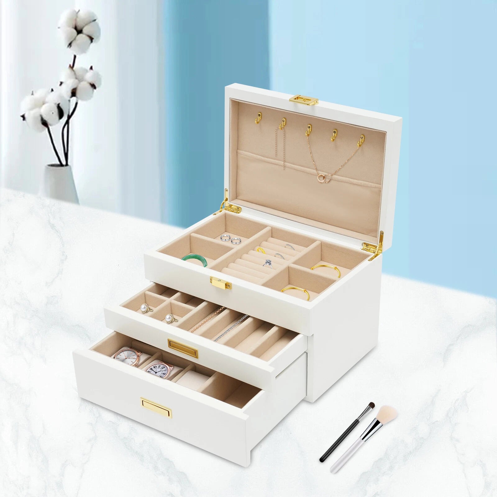 Large Wooden Jewelry Storage Box White 3 Layers Organizer 2 Drawers Cabinet 28CM | eBay