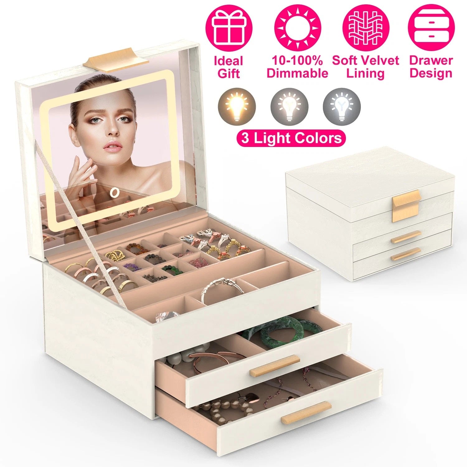 3-Layer Jewelry Box w/ LED Mirror - Leather Storage Case 3 Color Dimmable Lights | eBay