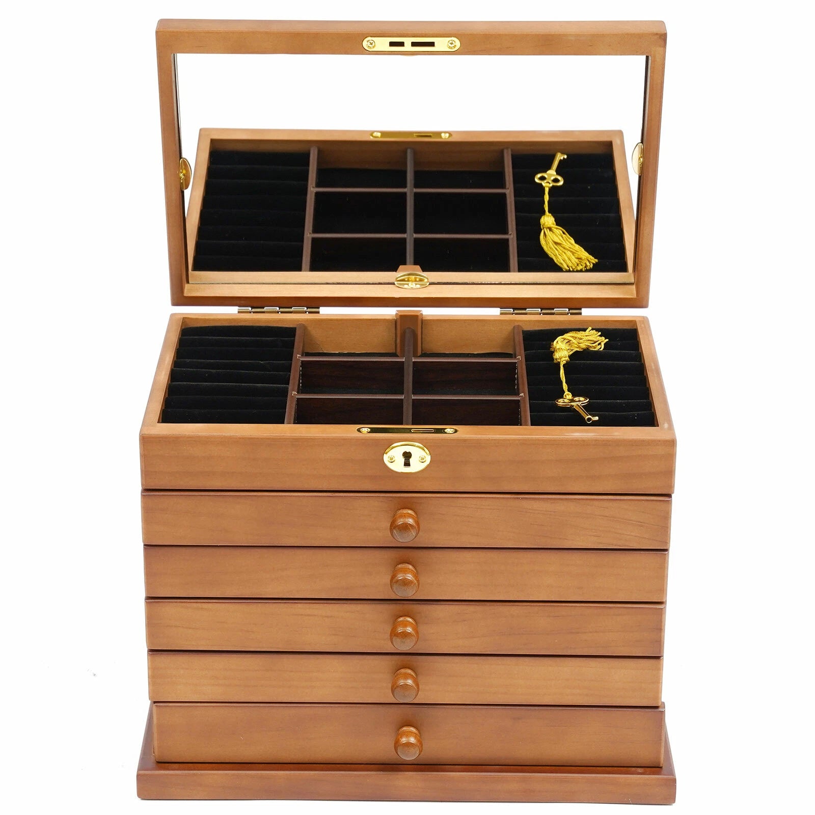 6 Layers Jewelry Box w/ Lock + Mirror Four-Leaf Carved Top Velvet Cabinet Case | eBay