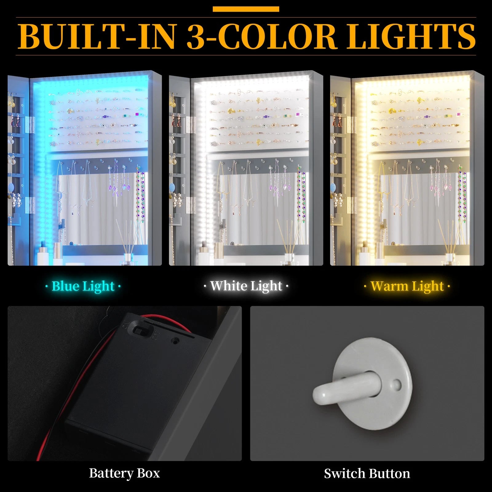LED Jewelry Cabinet, Wall Mounted Jewelry Organizer with Full Length Mirror | eBay
