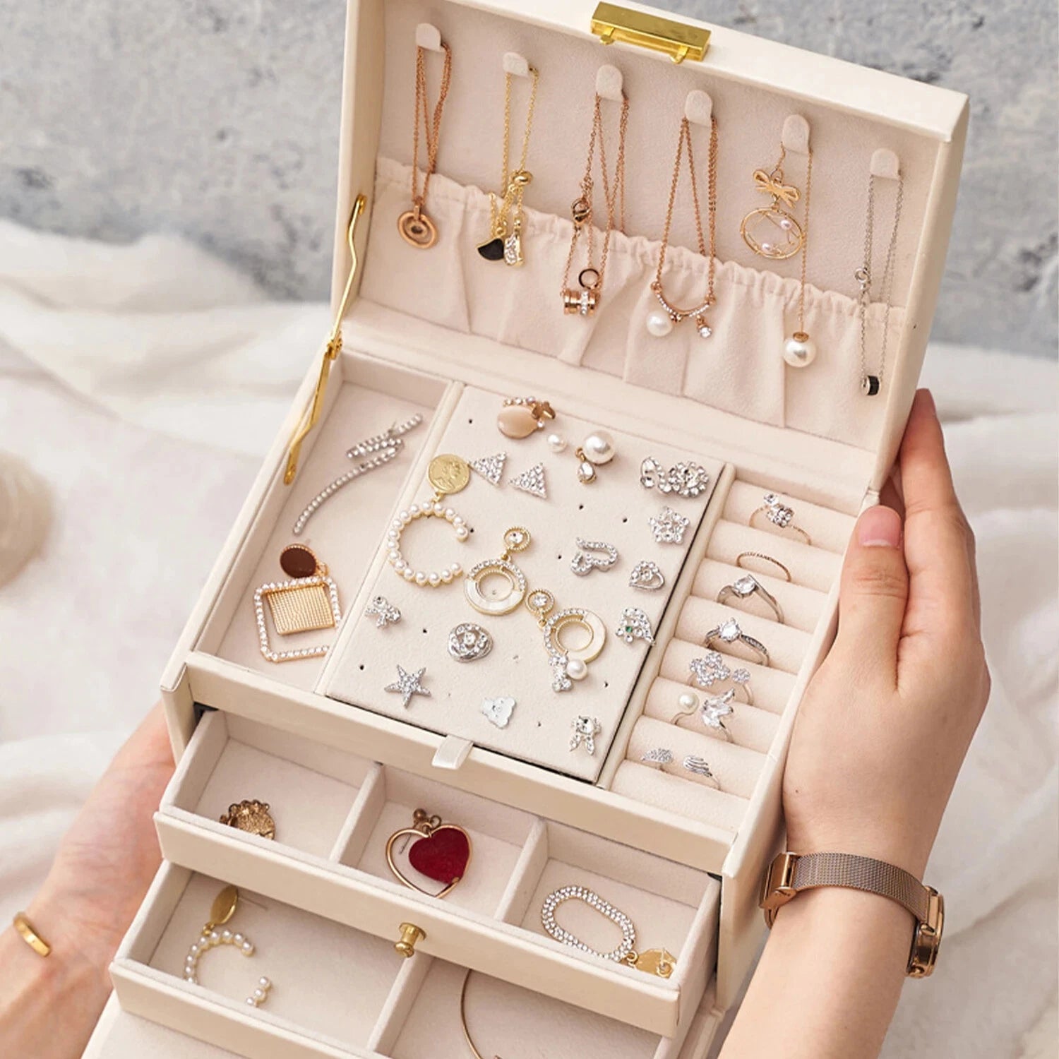 Three-layer Large Capacity Jewelry Storage Box Necklace Bracelet Ring Earrings | eBay