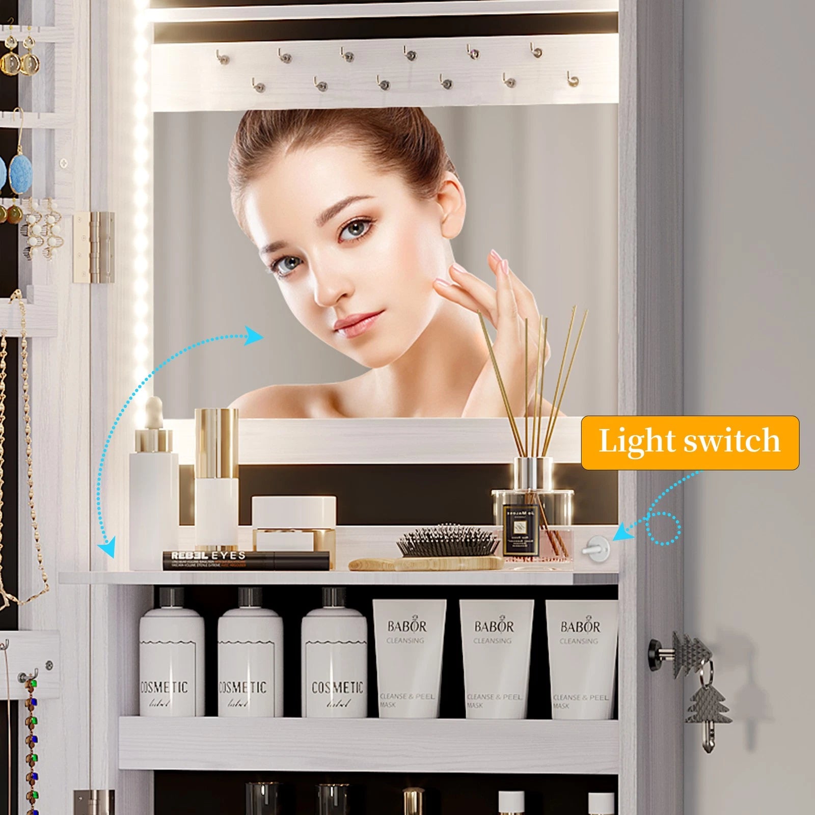 LED Jewelry Cabinet, Wall Mounted Jewelry Organizer with Full Length Mirror | eBay