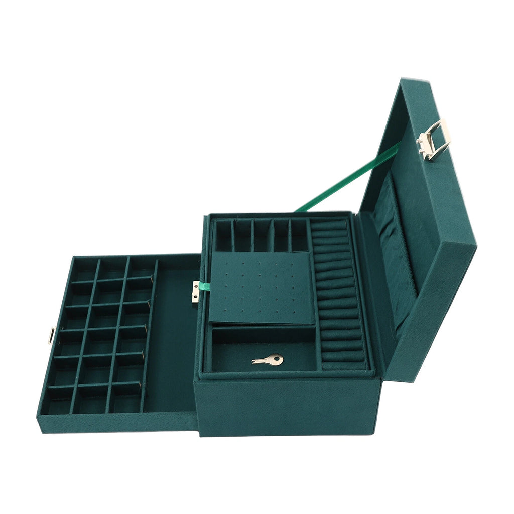 Large Jewelry Box w/ Lock Flannel Jewelry Ring Organizer Case Dark Green 3-Layer | eBay