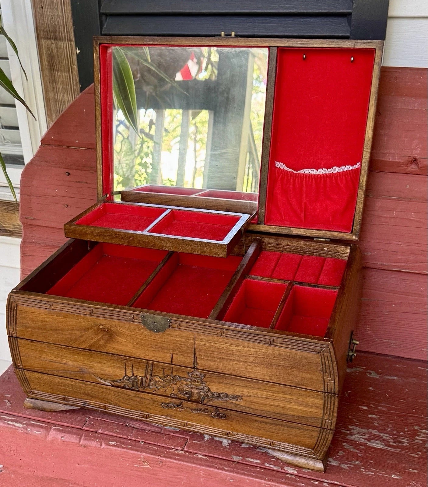 Vintage ASIAN Hand Carved Wooden Jewelry Box Brass Hardware Drawers Mirror HUGE | eBay