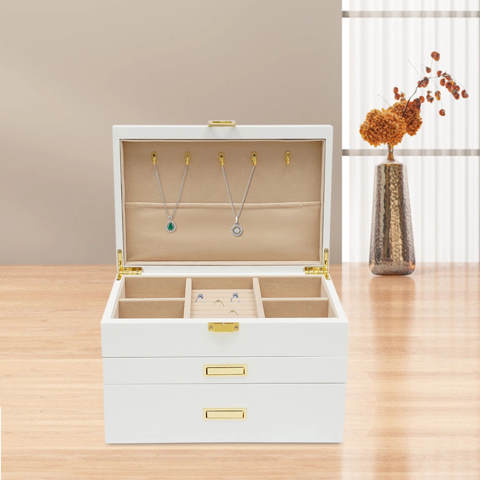 Large Wooden Jewelry Storage Box White 3 Layers Organizer 2 Drawers Cabinet 28CM | eBay