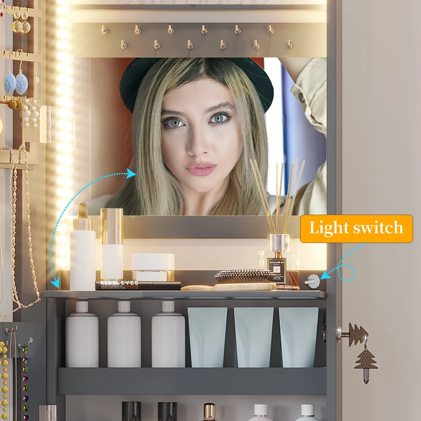 LED Jewelry Cabinet, Wall Mounted Jewelry Organizer with Full Length Mirror | eBay