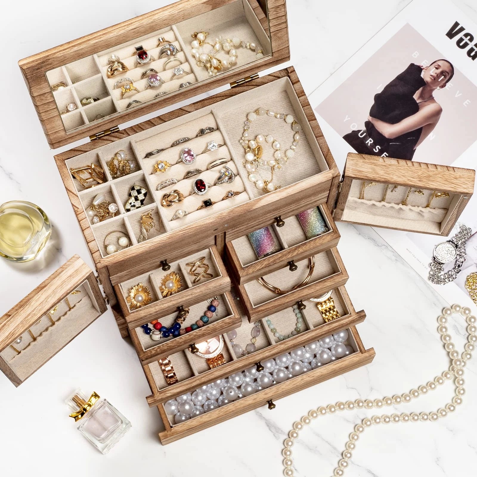 Emfogo Jewelry Box for Women Wooden Jewelry Boxes & Organizers 5-Layer Rustic... | eBay