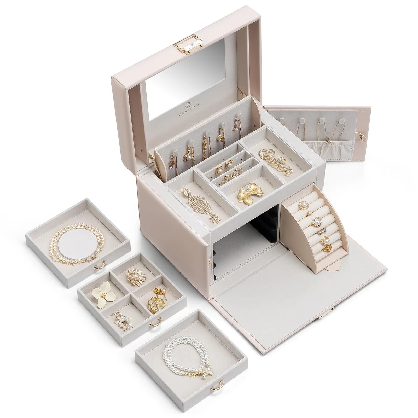 Vlando Mirrored Jewelry Box Organizer, Leather Jewelry Storage Case, Necklace... | eBay