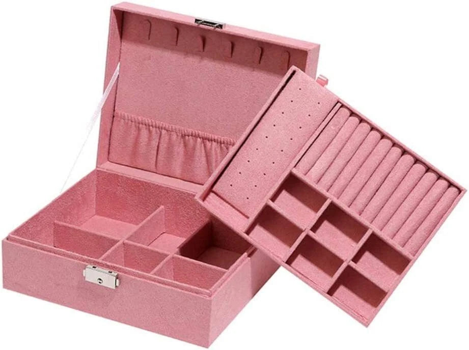 Two-Layer Jewelry Box Organizer Display Storage Lock Suede Portable Leather | eBay