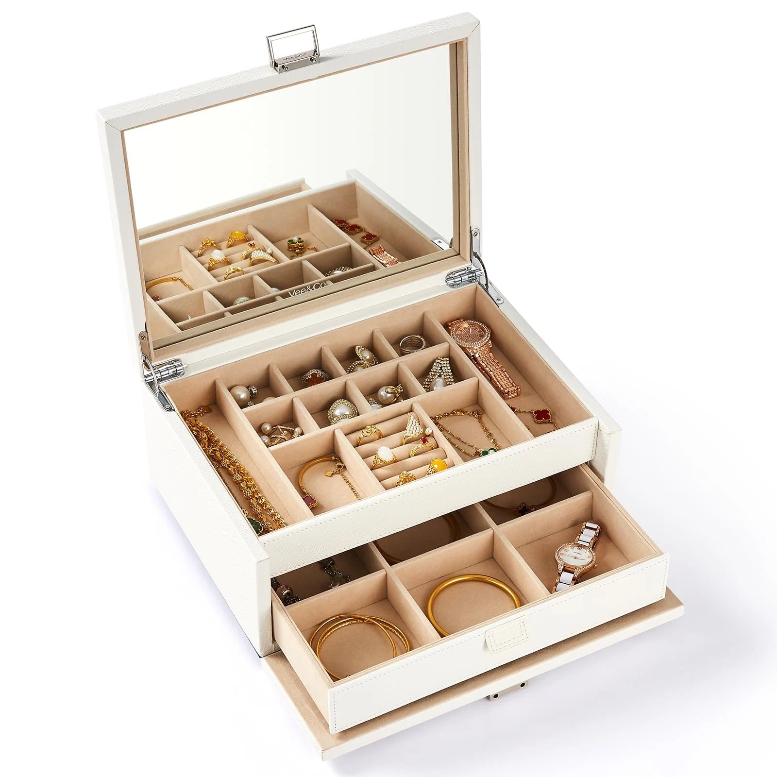 Vee Jewelry Box with Lid,2-Layer Jewelry Organizer with big Mirror, PU Leathe... | eBay