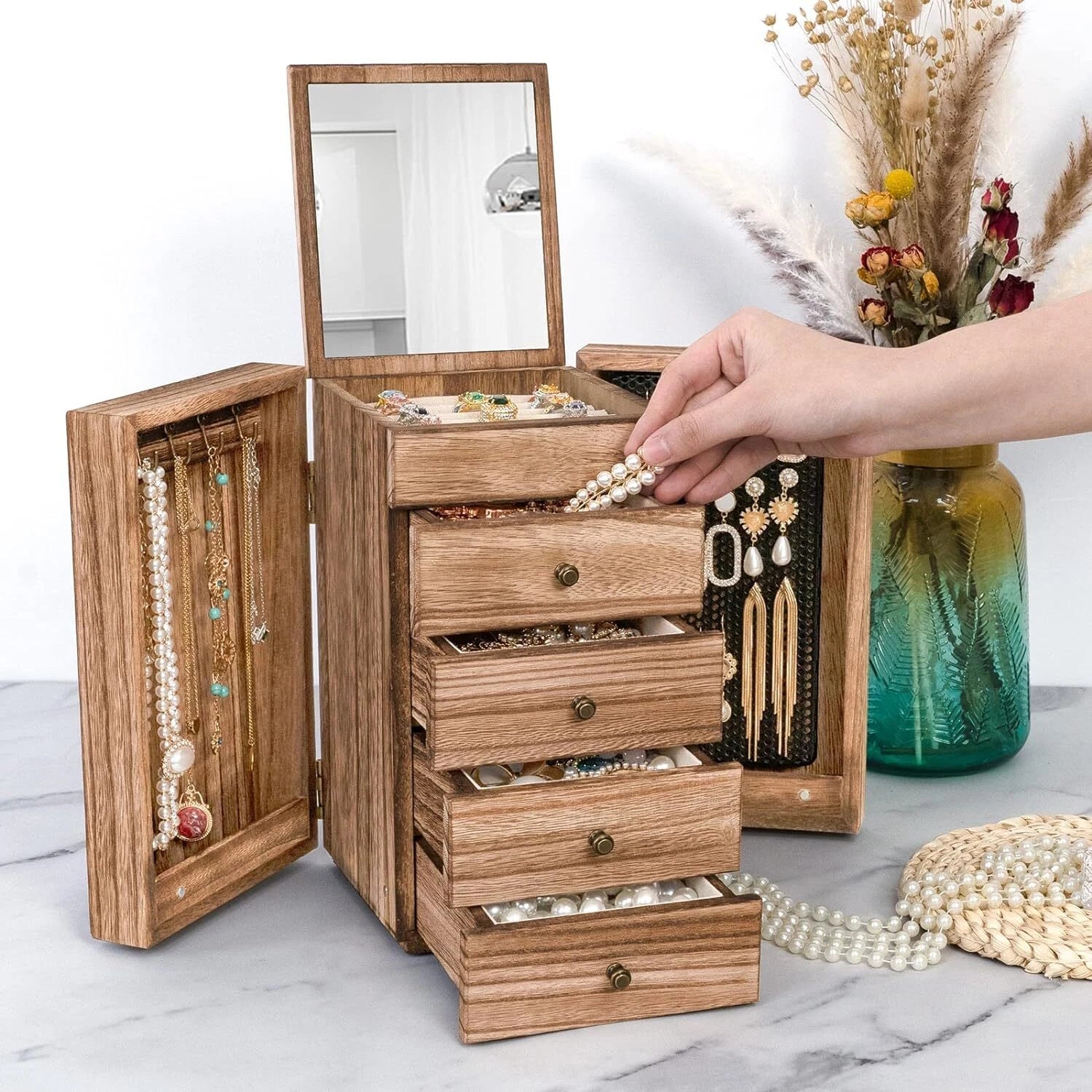 Jewelry Box Wood for Wowen 5-Layer Large Organizer Box with Mirror 4 Drawers US | eBay