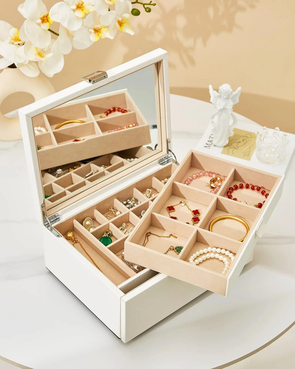 Vee Jewelry Box with Lid,2-Layer Jewelry Organizer with big Mirror, PU Leathe... | eBay