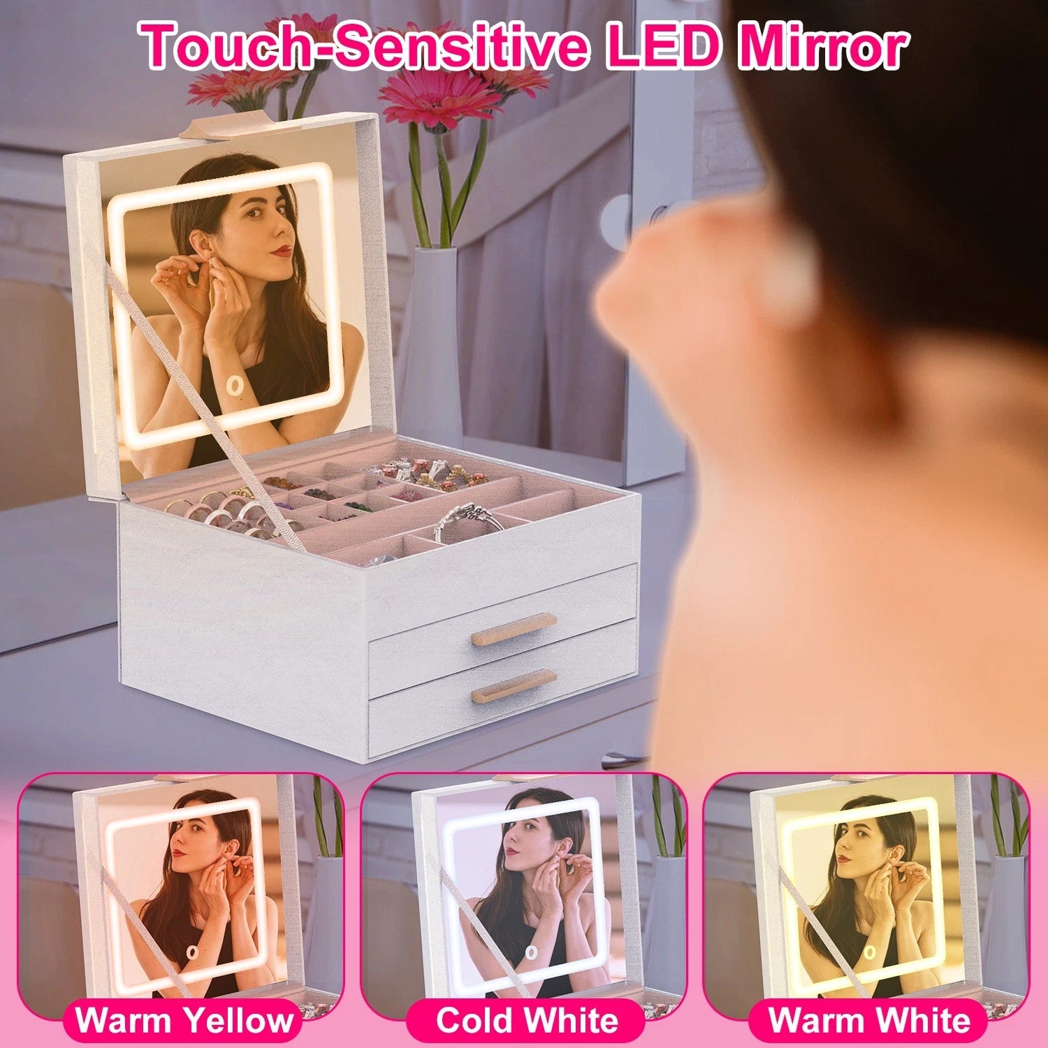 3-Layer Jewelry Box w/ LED Mirror - Leather Storage Case 3 Color Dimmable Lights | eBay