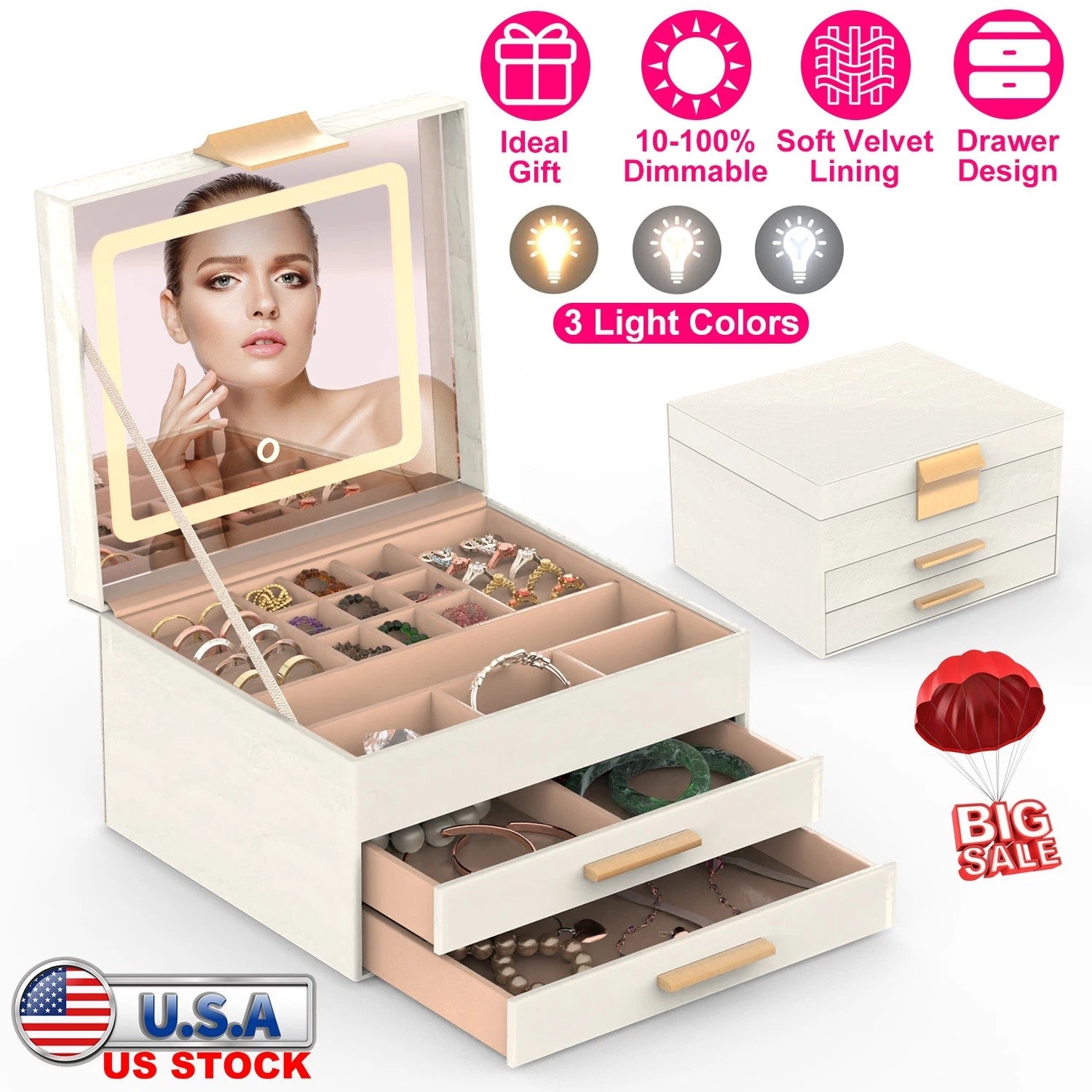 3-Layer Jewelry Box w/ LED Mirror - Leather Storage Case 3 Color Dimmable Lights | eBay
