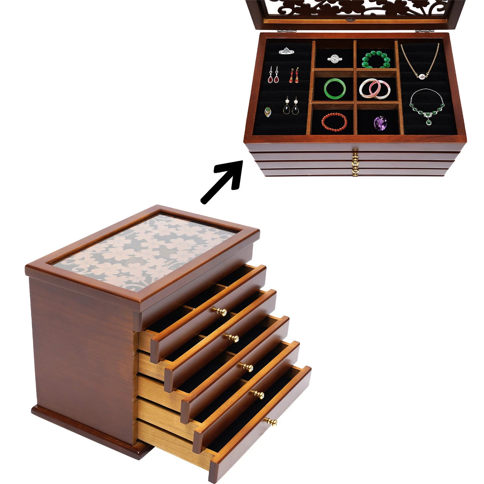 6-Layer Jewelry Box Case Necklace Ring Storage Cabinet Organizer & Drawers Brown | eBay
