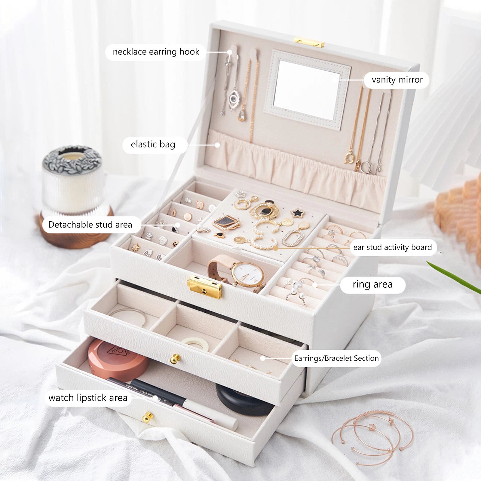Leather Ring & Necklace Storage Box - 3 Compartments w/Mirror | eBay