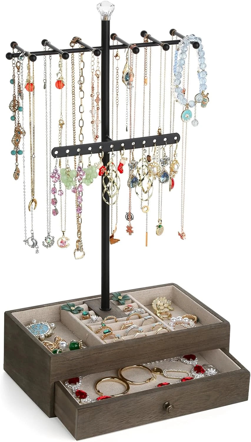 Jewelry Organizer Stand, 3-Tier Necklace Holder Jewelry Tree with Wooden Storage | eBay
