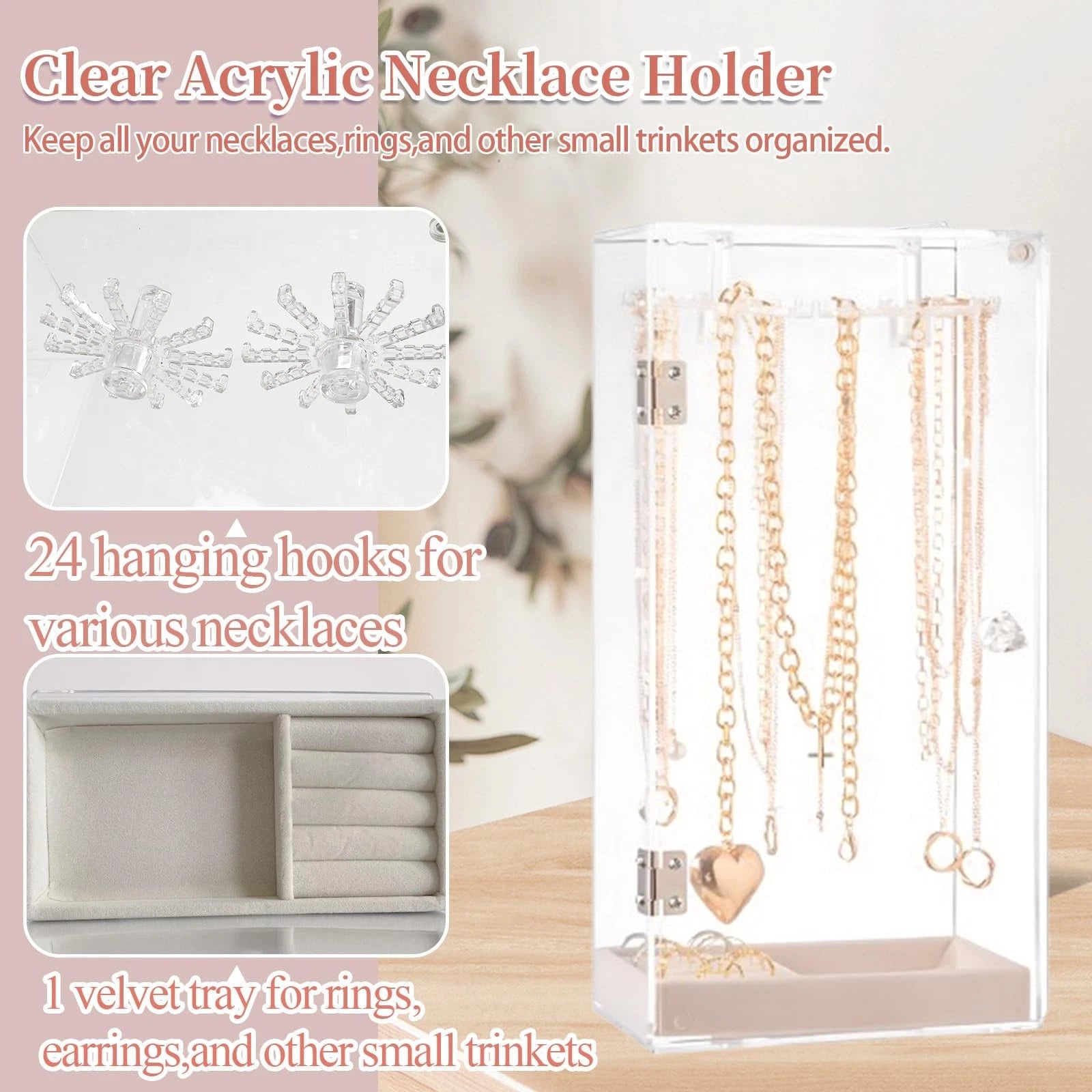 Necklace holder organizer，acrylic Jewelry Storage Box with Velvet Tray, Earri... | eBay