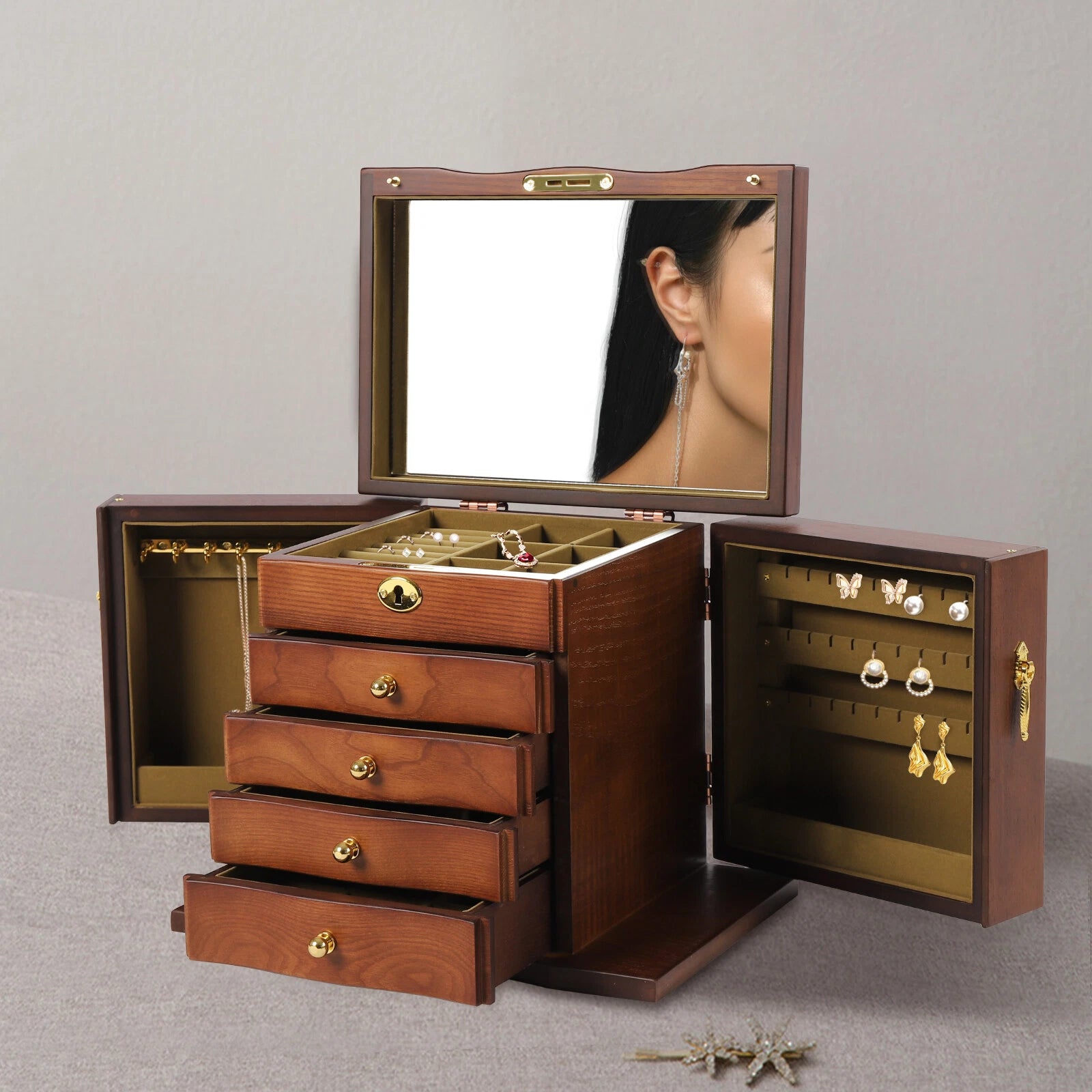 Wooden Large 4 Drawers 5 - Layer Jewelry Box Fit Wowen With Mirror Organizer Box | eBay