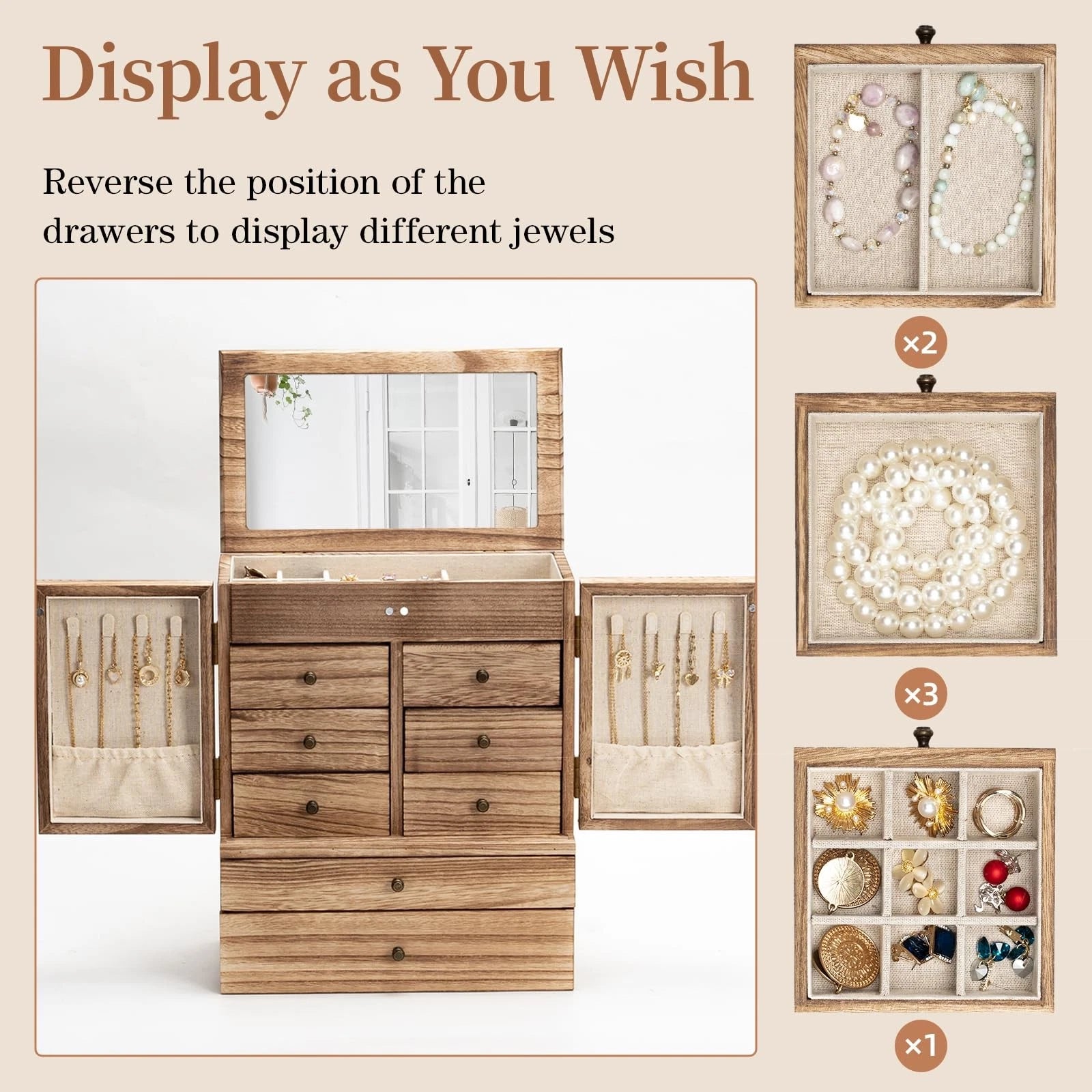 Emfogo Jewelry Box for Women Wooden Jewelry Boxes & Organizers 5-Layer Rustic... | eBay