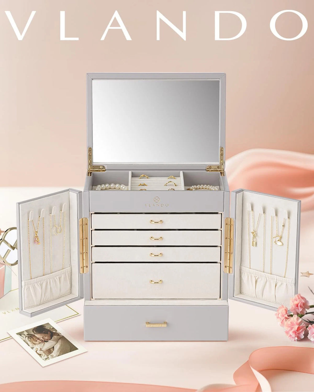 Vlando Large Jewelry Organizer Box 5-Layer Jewelry Storage Box with Mirror & ... | eBay