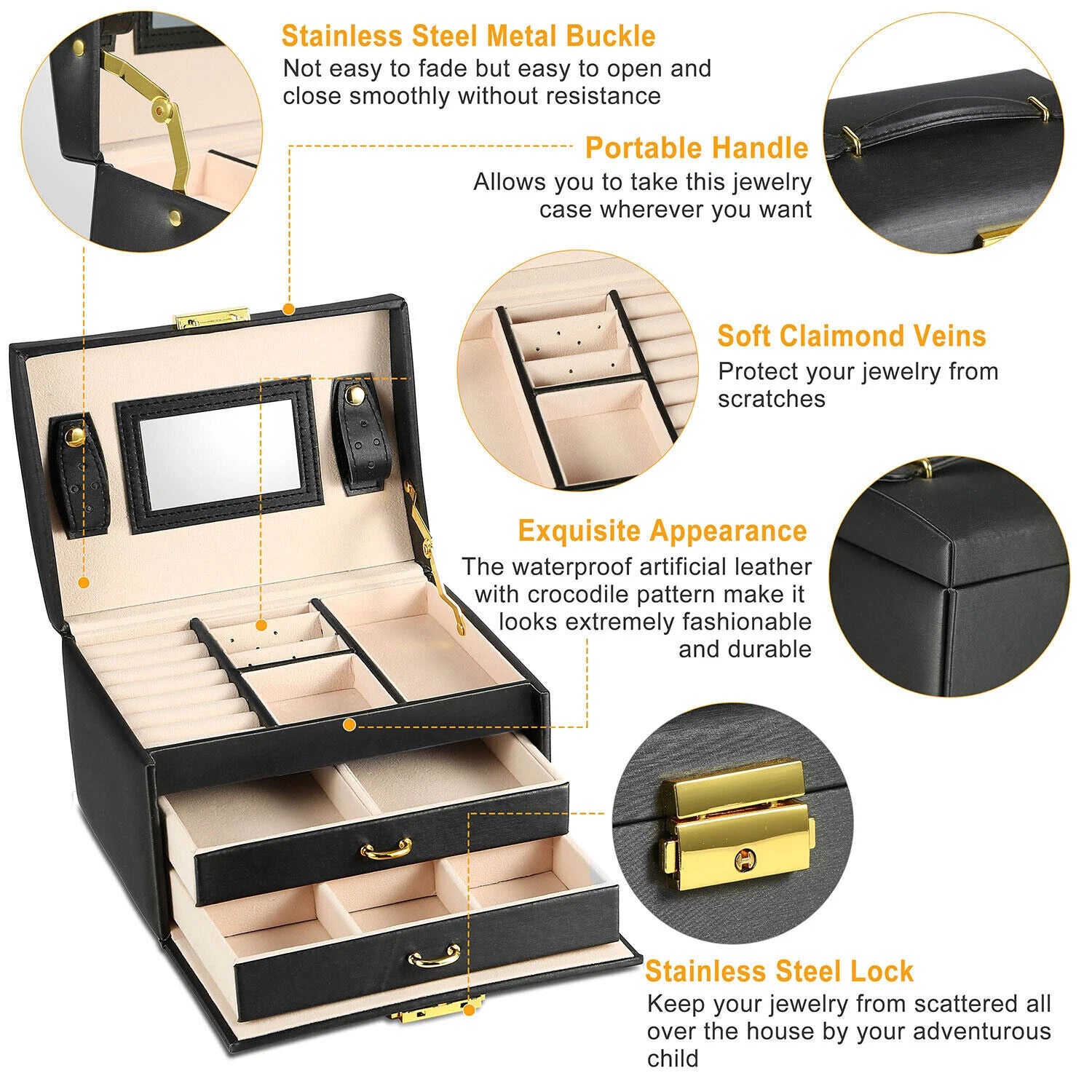 Jewelry Box w/ Mirror Lady Gift Storage Earrings Necklaces Watch Case Organizer | eBay