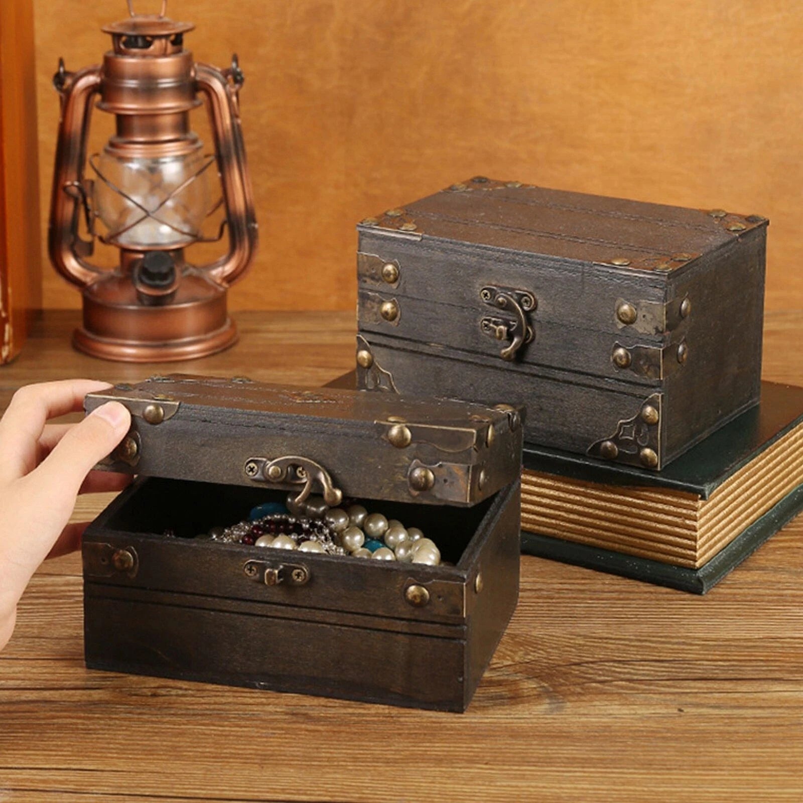 Retro Vintage Wooden Jewelry Box Treasure Storage Box Organizer Container Case | eBay