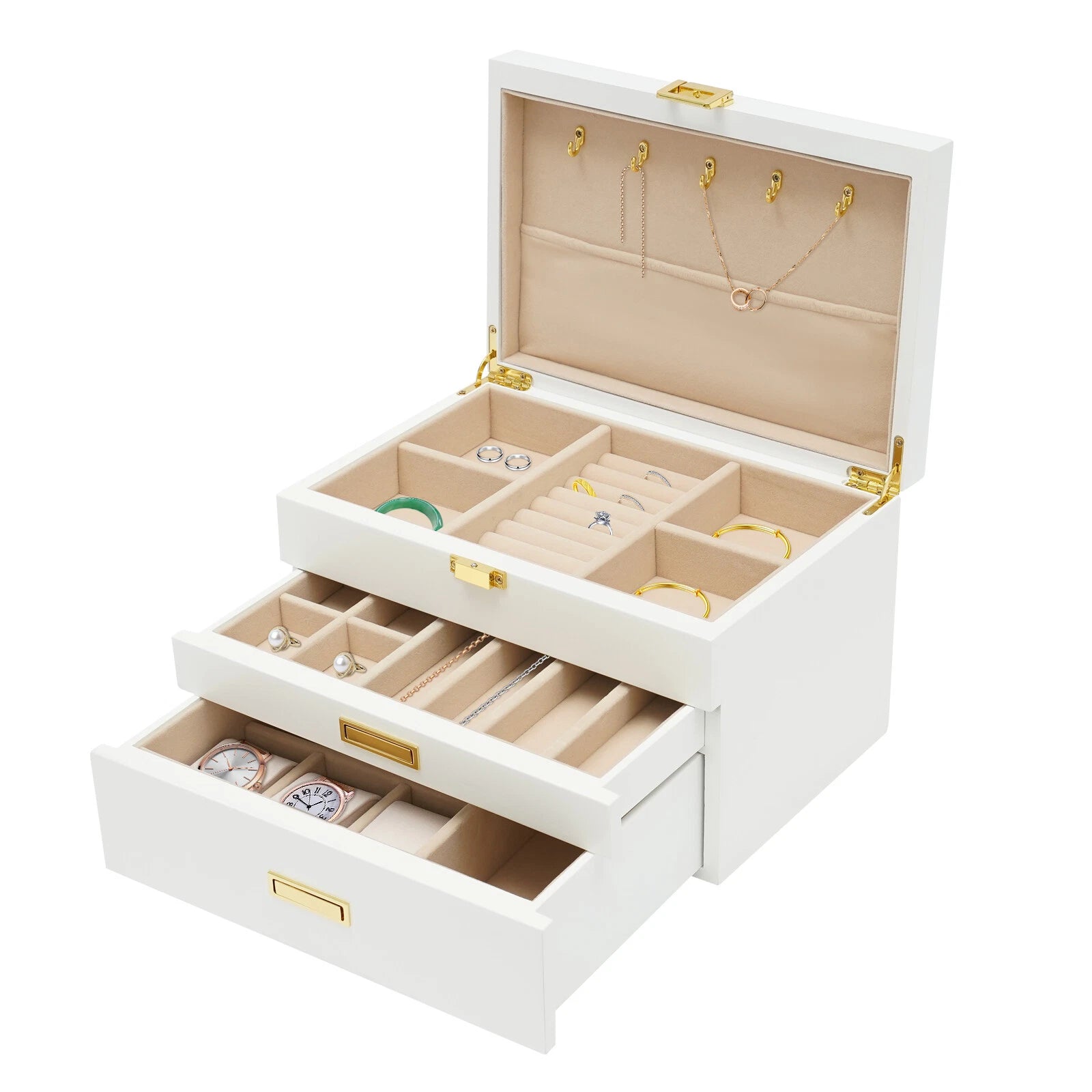 Large Wooden Jewelry Storage Box White 3 Layers Organizer 2 Drawers Cabinet 28CM | eBay