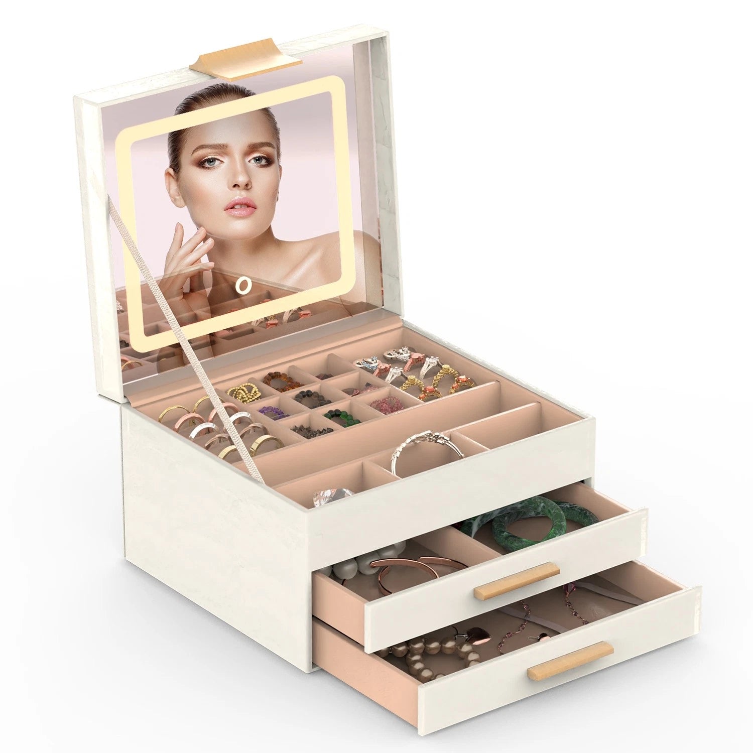 3-Layer Jewelry Box w/ LED Mirror - Leather Storage Case 3 Color Dimmable Lights | eBay