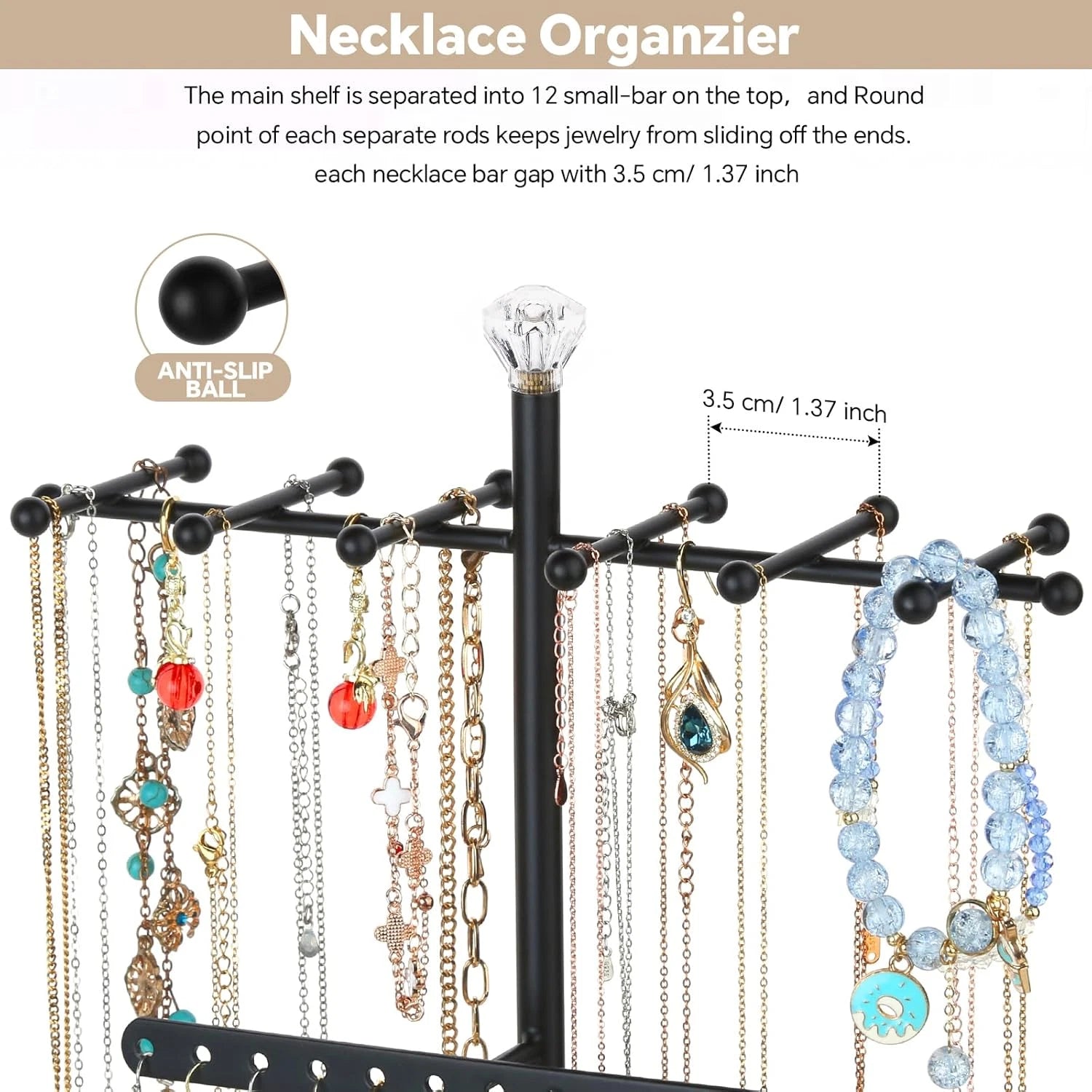 Jewelry Organizer Stand, 3-Tier Necklace Holder Jewelry Tree with Wooden Storage | eBay