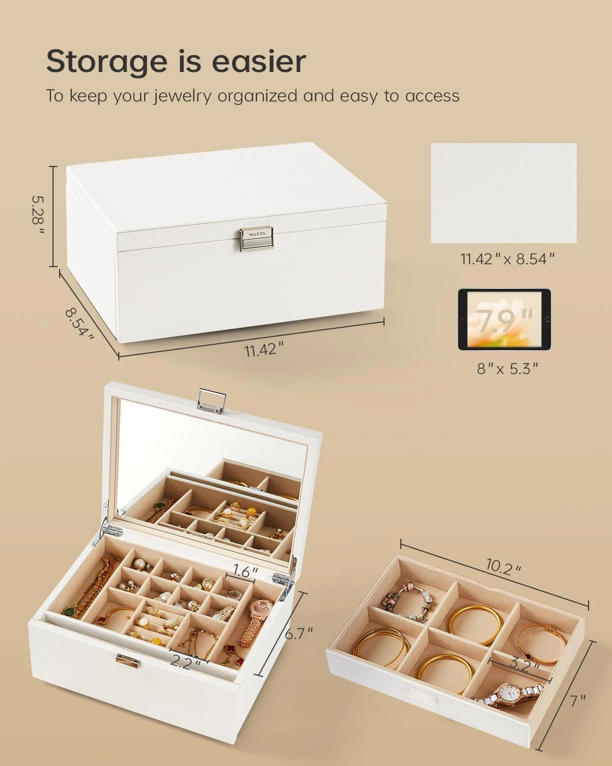 Vee Jewelry Box with Lid,2-Layer Jewelry Organizer with big Mirror, PU Leathe... | eBay