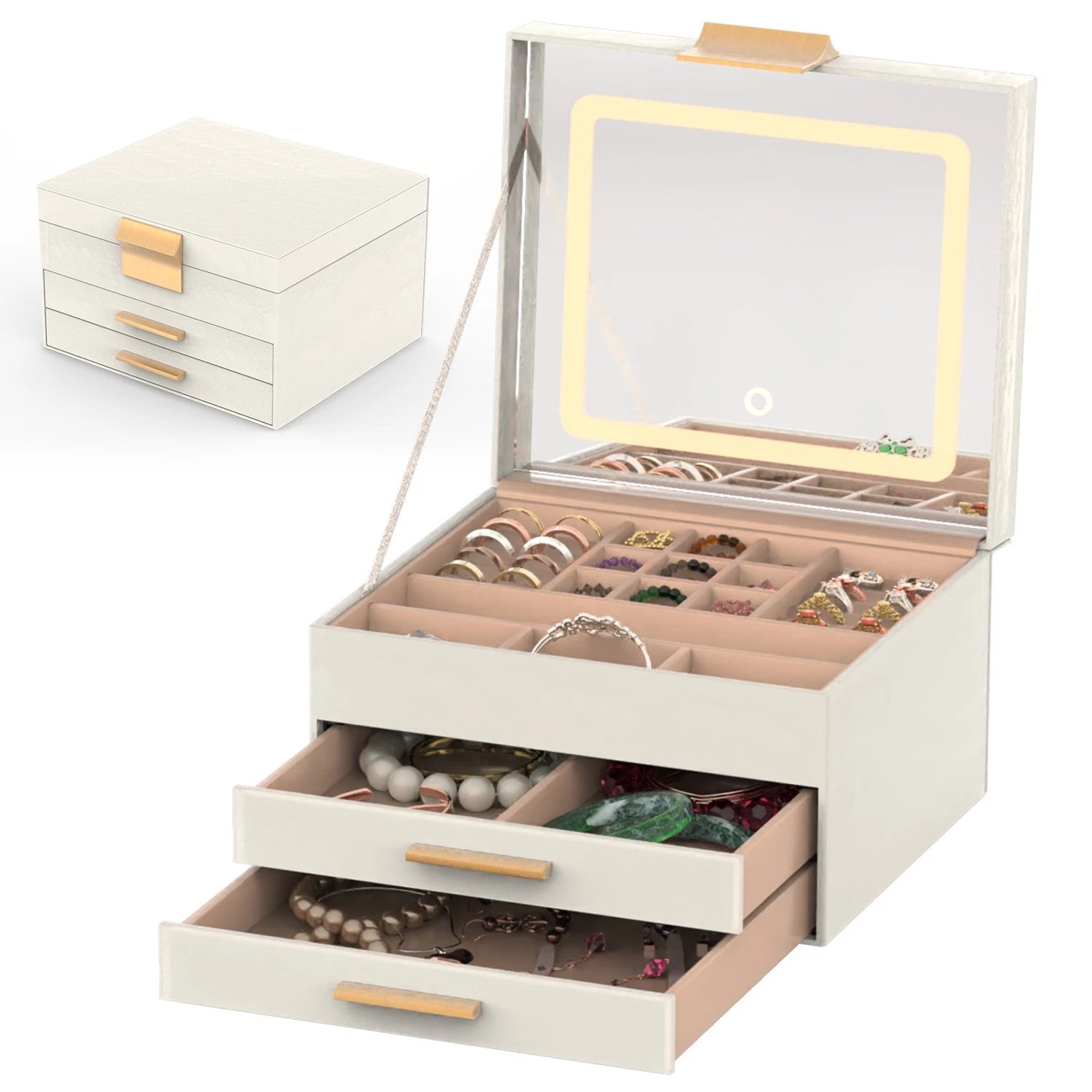 3-Layer Jewelry Box w/ LED Mirror - Leather Storage Case 3 Color Dimmable Lights | eBay