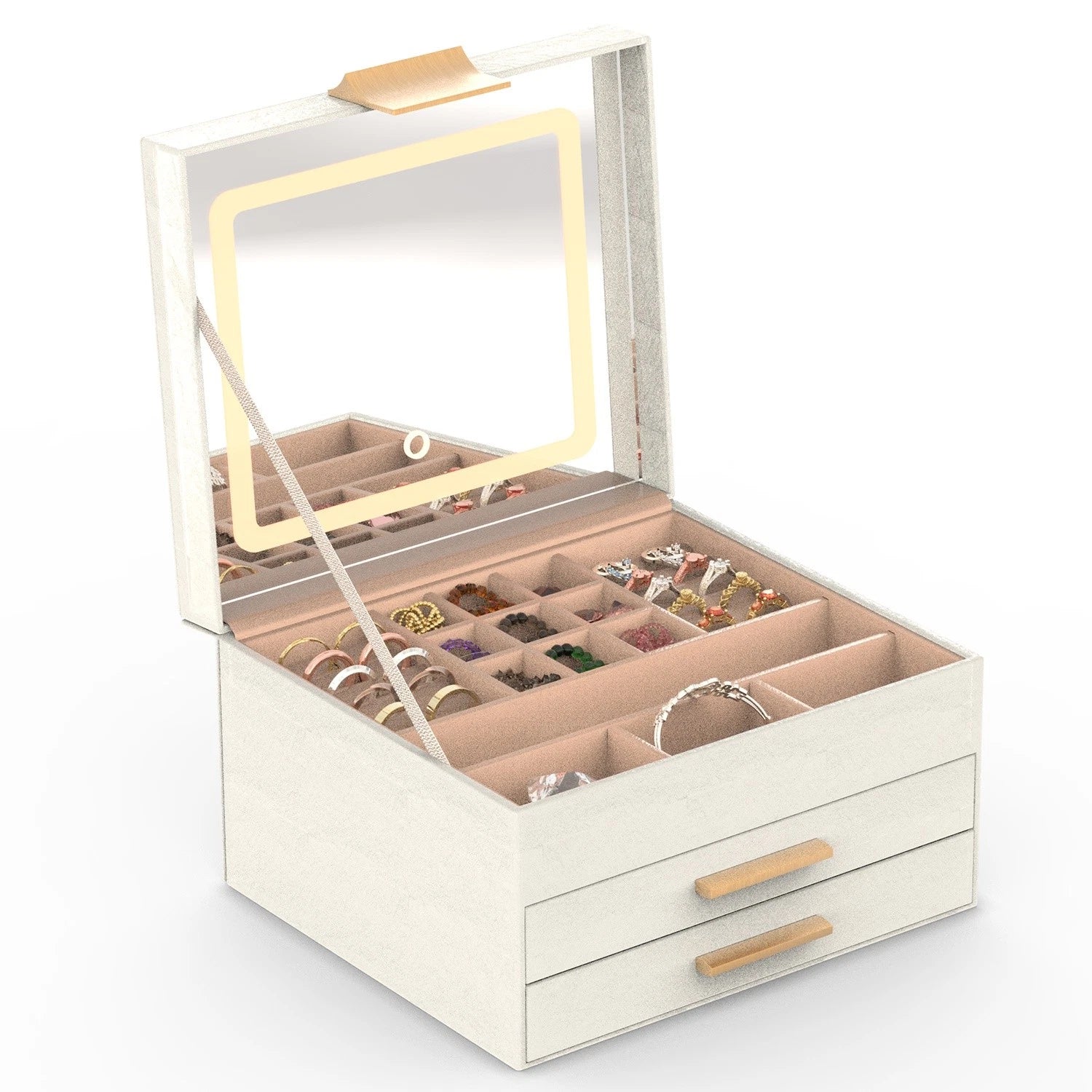 3-Layer Jewelry Box w/ LED Mirror - Leather Storage Case 3 Color Dimmable Lights | eBay