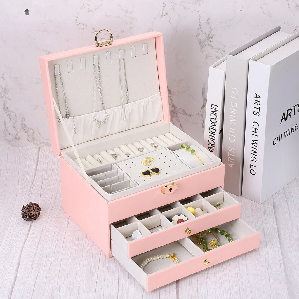 3 Layer Jewelry Box Organizer PU Leather Jewelry Storage Box for Necklace Pink | eBay
