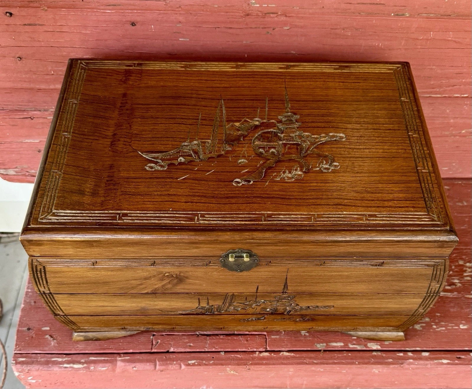 Vintage ASIAN Hand Carved Wooden Jewelry Box Brass Hardware Drawers Mirror HUGE | eBay