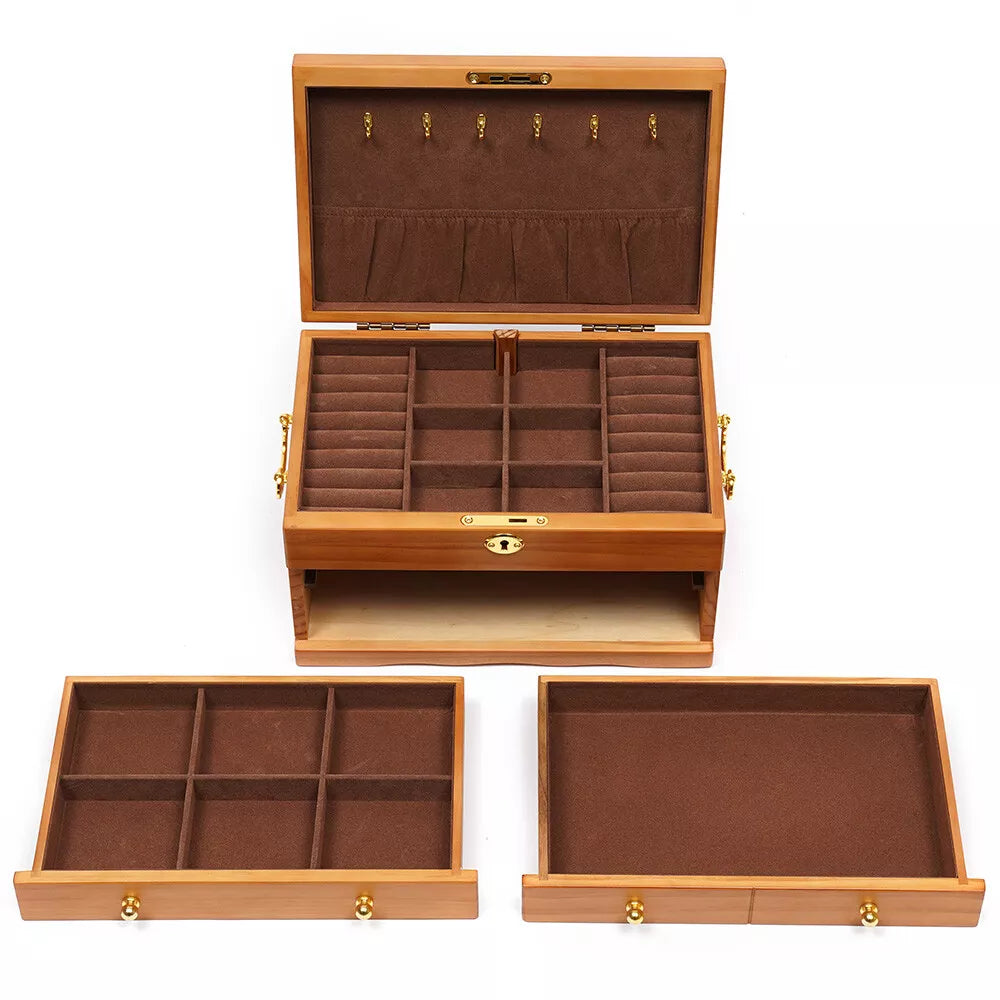 Large Wood Jewelry Boxes Wooden Storage Box without Mirror 3-Layer Lockable Desk | eBay