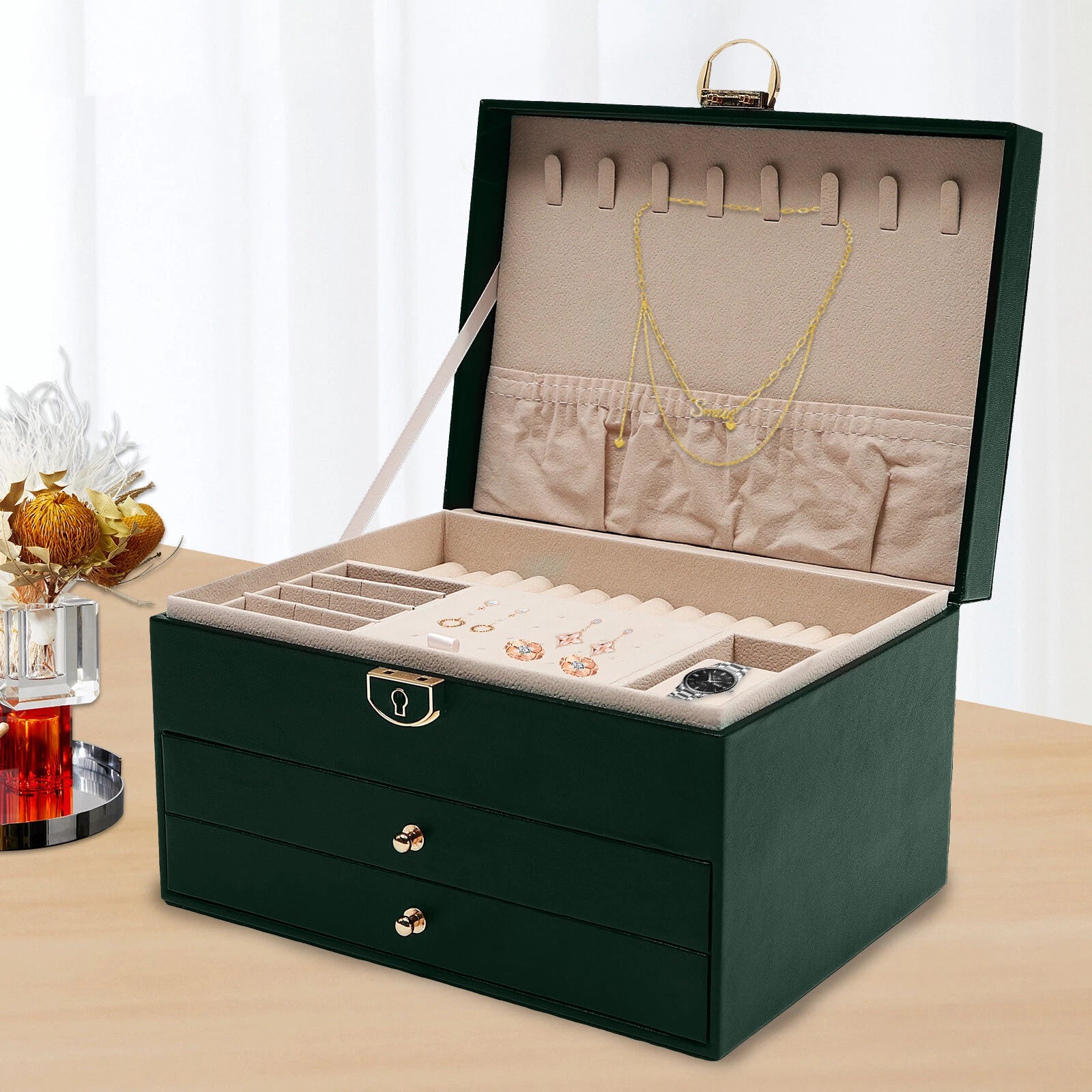 3-Tier 9*6.7*5.3" Green PU Jewelry Organizer Watch Holder Display Case W/ Drawer | eBay