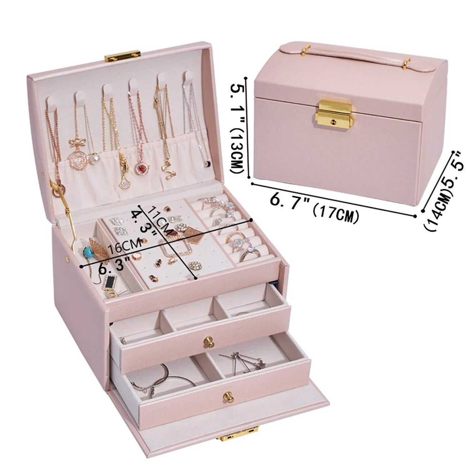 Jewelry Box with 2 Drawers,Lockable Jewelry Organizer for Women Pink | eBay